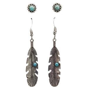 3/15 NWT Stamped Feather Silver tone Howlite Turquoise Dangle Hook Earrings